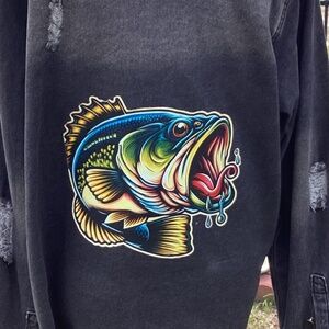 GRAPHIC FISH DISTRESSED RIP DENIM JACKET ( Size: XXL)